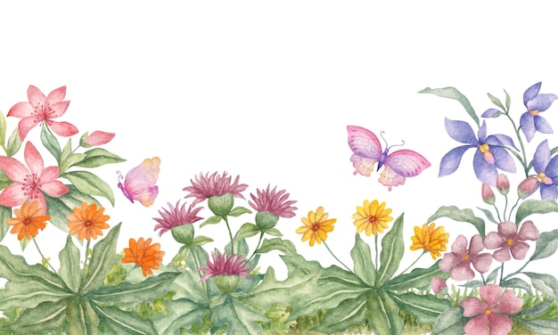 Vector watercolor lovely wild spring flowers background with butterflies