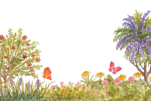 Vector watercolor lovely wildflowers spring garden background with butterflies