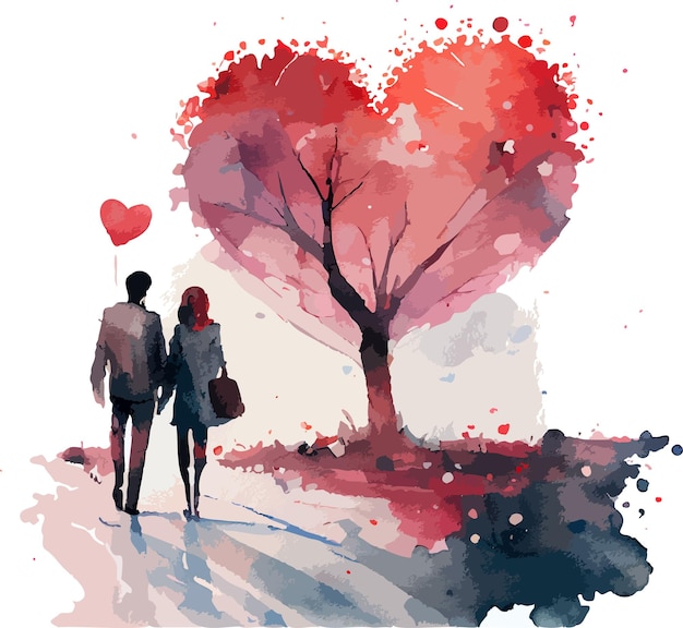 ベクトル 水彩画、2 月 14 日に木のそばを歩く恋人たち。赤い風船の愛
