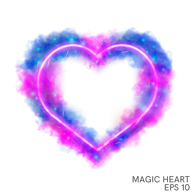 Watercolor magic flaming heart with neon contour isolated on white background Watercolor fog