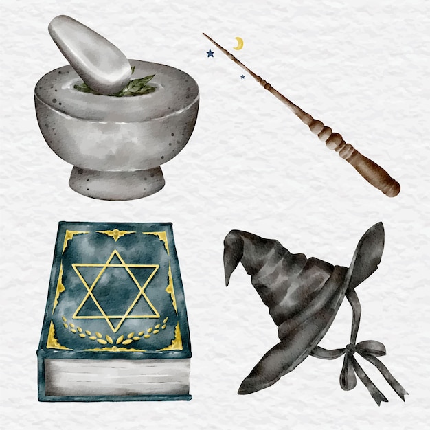 Vector watercolor magic and witch element set