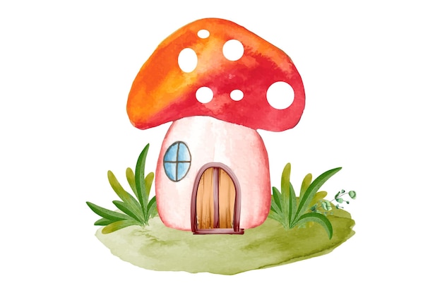 Watercolor magical gnome house illustration, fantasy fairy garden house with wooden door and green