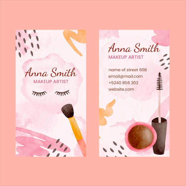 Vector watercolor makeup artist vertical business card