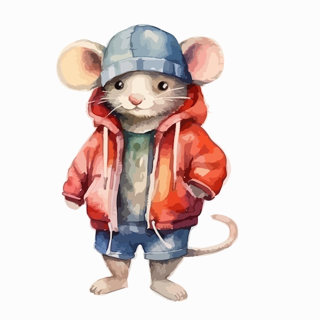 Vector watercolor mammal wearing clothes playful funny white background isolated