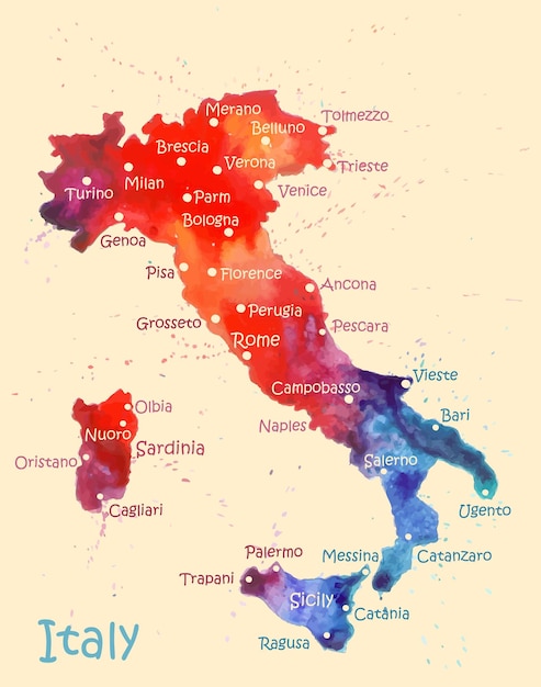 Watercolor map of Italy with cities Stylized image with spots and splashes of paint