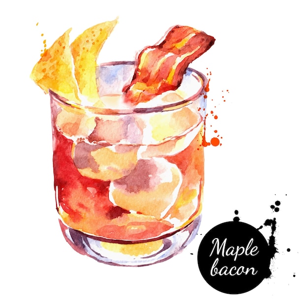 Vector watercolor maple bacon cocktail illustration