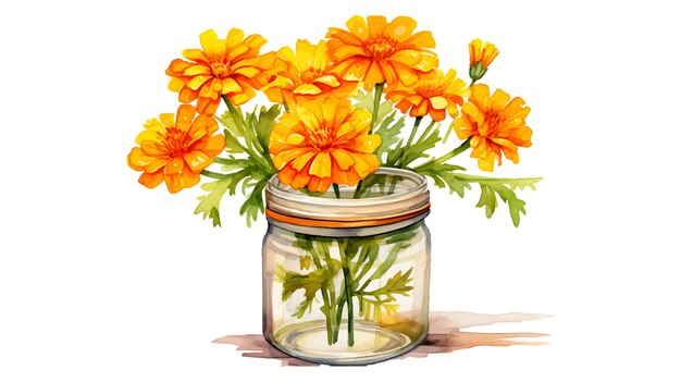 Watercolor marigold flowers in a glass jar Beautiful painting flowers of marigold in a jar