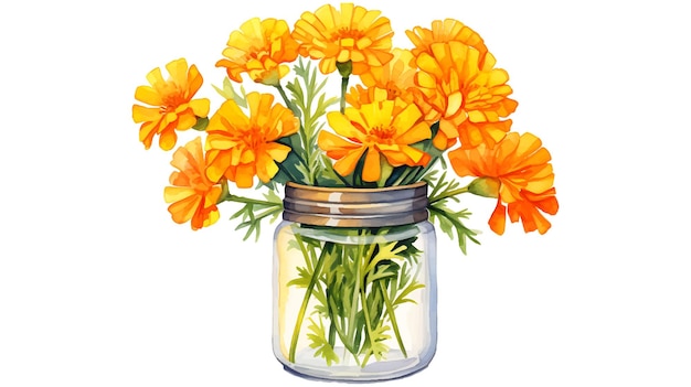 Watercolor marigold flowers in a glass jar Beautiful painting flowers of marigold in a jar