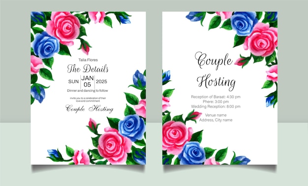 Watercolor maroon and pink roses wedding card set