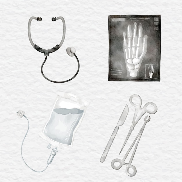 Watercolor medical equipment collection set