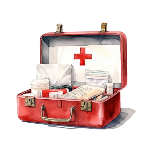 Watercolor medical medicine box on white background