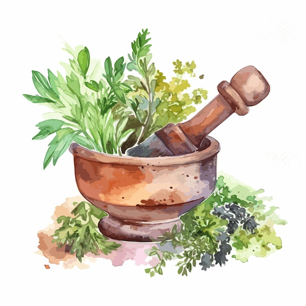 Vector watercolor medicinal herbs in mortar illustration