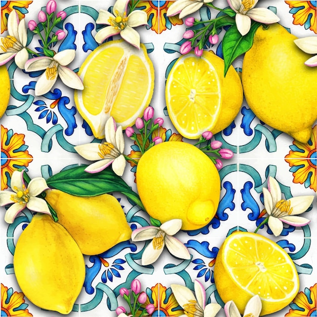 Watercolor mediterranean traditional pattern with lemons and tiles