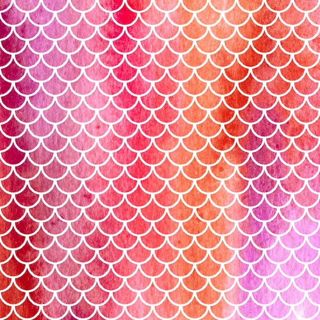 Vector watercolor mermaid or fish scales red background bright summer pattern with reptilian scales