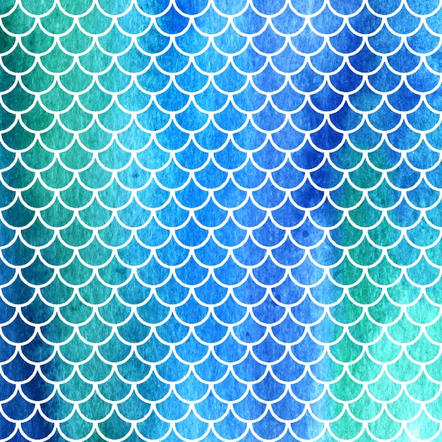 수채색 인어 또는 물고기 비늘 파란색 배경 파충류 비늘이 있는 밝은 여름 패턴