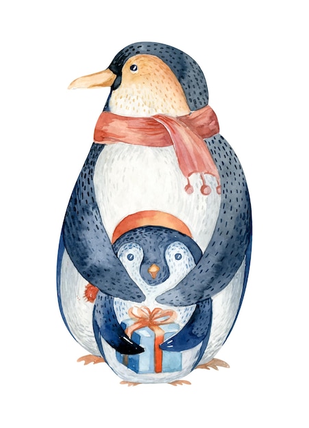 Illustrazione del pinguino del carattere di buon natale dell'acquerello inverno cartone animato carino divertente animale bambino mamma