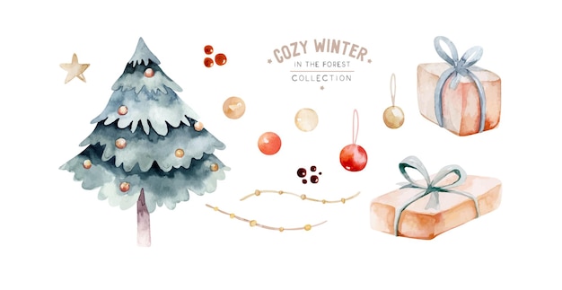 Illustrazione dell'acquerello di buon natale decorazioni per i regali dell'albero di capodanno