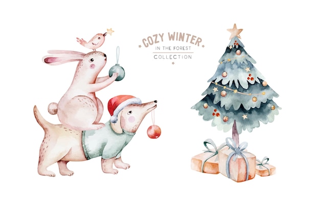 Illustrazione dell'acquerello di buon natale con i regali del pino del cane del coniglio delle vacanze design del capodanno invernale