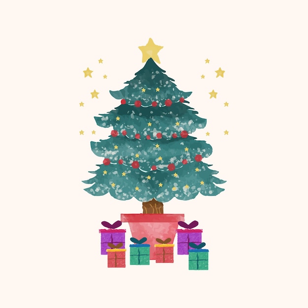 水彩のメリークリスマスツリーとゴールデンスターのギフト