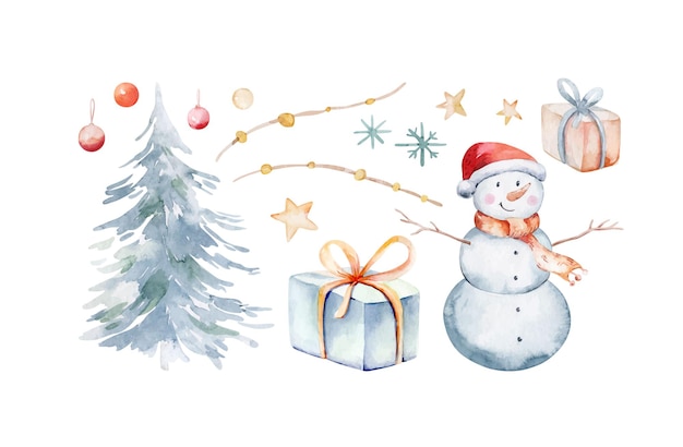 Watercolor Merry Christmas Winter illustration with snowman pine new year tree decorations