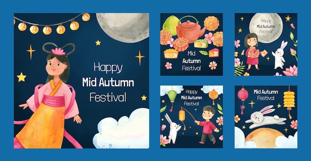 Watercolor mid-autumn festival instagram posts collection