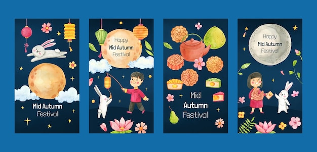 Vector watercolor mid-autumn festival instagram stories collection