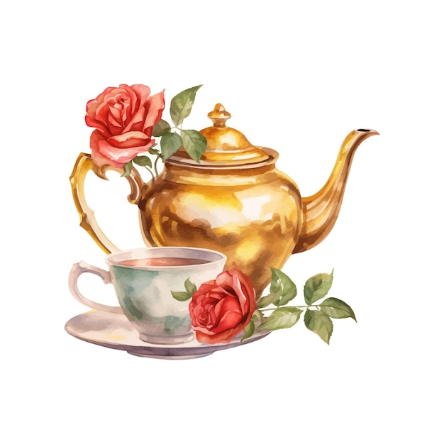 Teiera verde menta dell'acquerello e tazza d'oro cucchiaio d'oro clipart di rose rosse e gialle