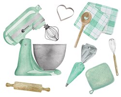 Vector watercolor mint mixer with pastry chefs hat and towels and kitchenware