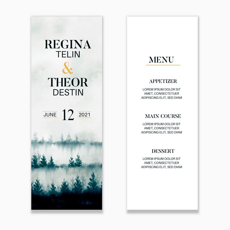Vector watercolor mist forest wedding menu