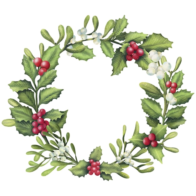 Vector watercolor mistletoe and holly wreath