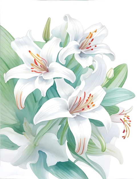 A watercolor mixed flower bouquet of lilies on a white background with seamless watercolor patterns