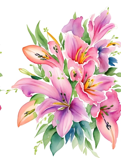 A watercolor mixed flower bouquet of lilies on a white background with seamless watercolor patterns