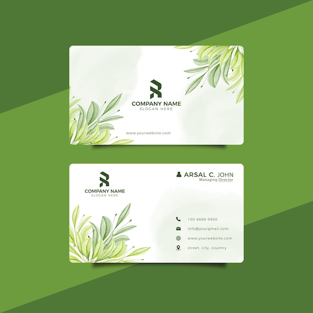 Watercolor modern business card with beautiful leaves