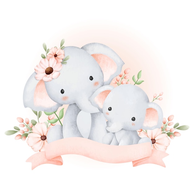 Watercolor mom and baby elephant with flowers and ribbon