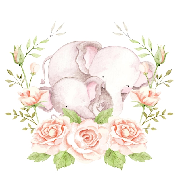 Watercolor mom and baby elephant with roses wreath