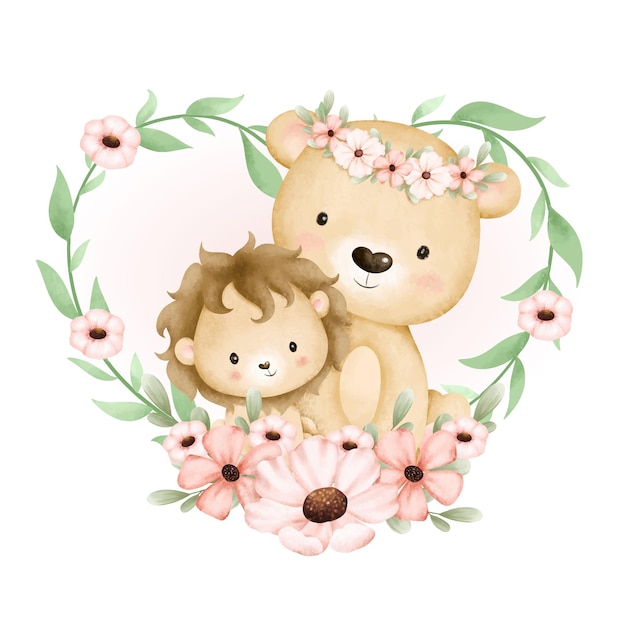 Watercolor mom and baby lion in flower and leaves wreath