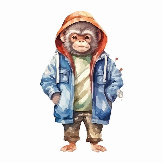 watercolor Monkey wearing clothes playful funny white background isolated