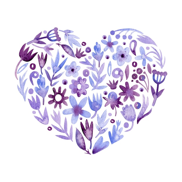 Watercolor monochromatic floral heart in lilac colors