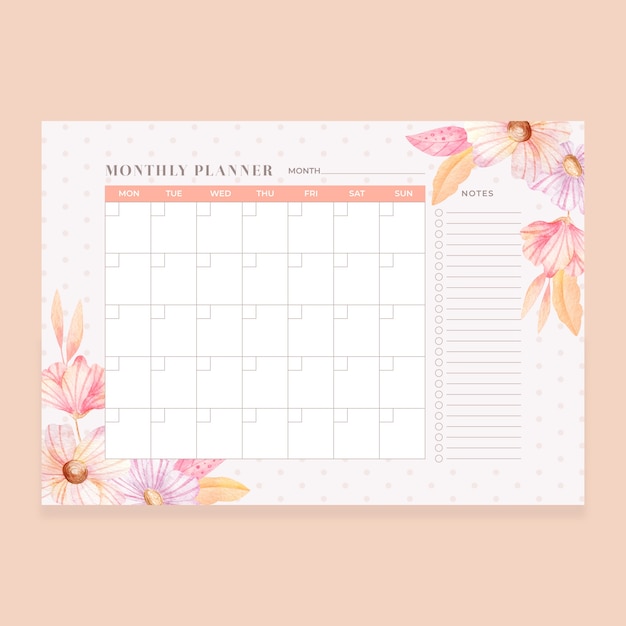 Vector watercolor monthly planner calendar template