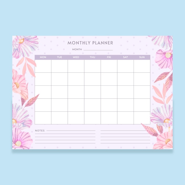 Vector watercolor monthly planner calendar