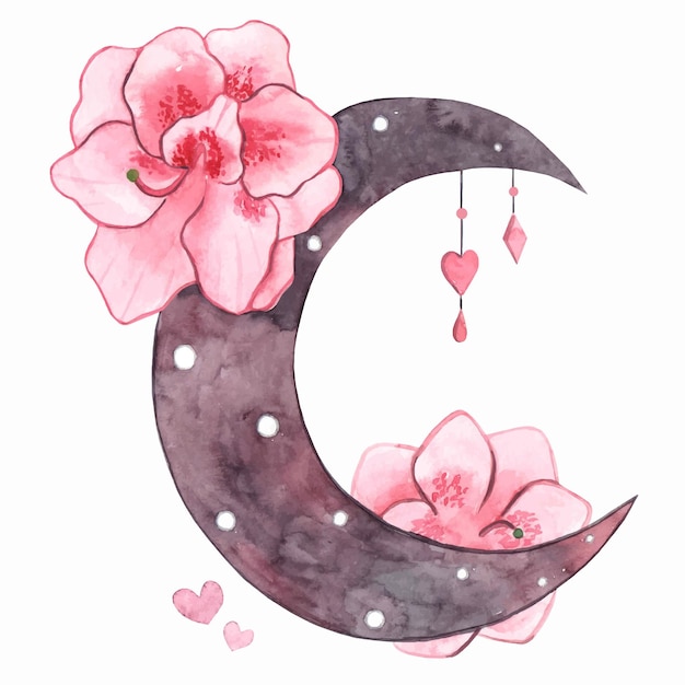 Watercolor moon illustration Gray moon with flowers