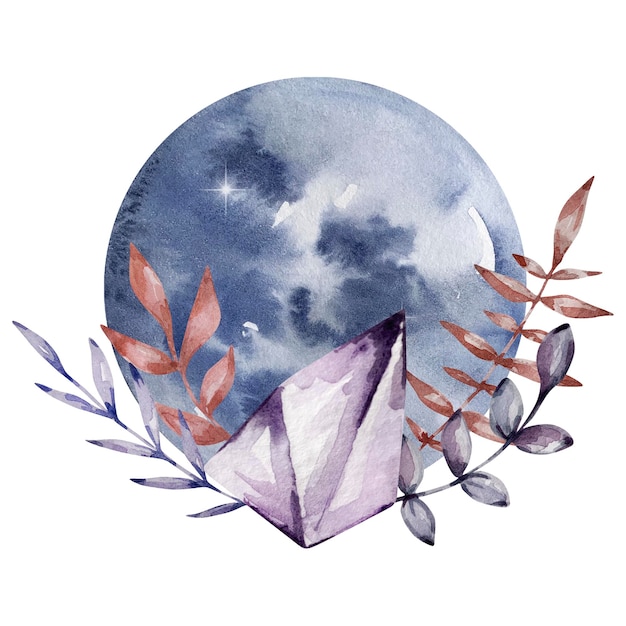 Вектор Акварель луны с кристаллом и цветочной мистикой
