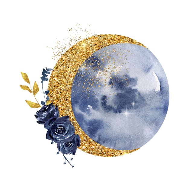 Vector watercolor moon with flowers bouquet