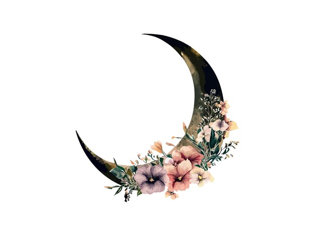 Watercolor moon with flowers