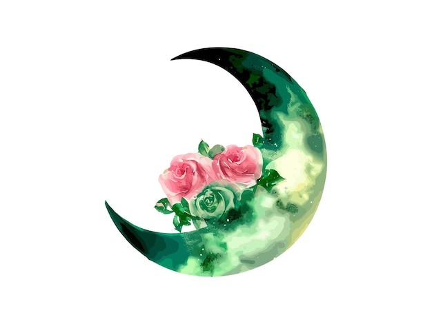 Vector watercolor moon with flowers