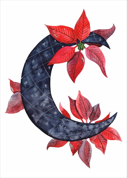 Watercolor moon with red flowers illustration moon with poinsettia