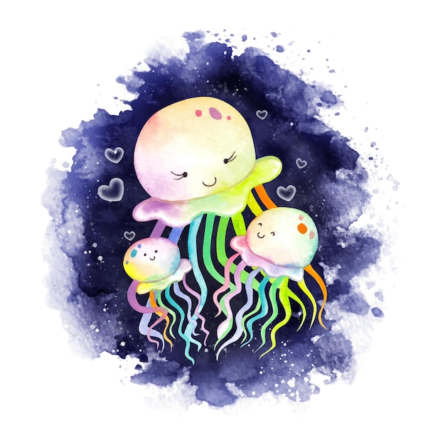 Watercolor mother and baby jellyfish