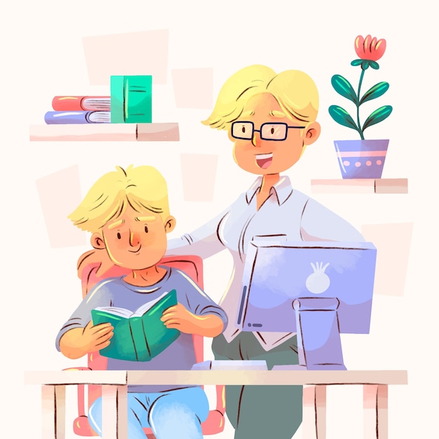 Watercolor mother helping kid with homework