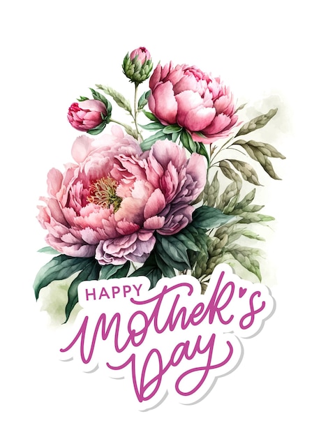 Watercolor mother's day greeting card pink peony illustration with flowers background for bannerswallpaper invitation posters brochure voucher discount