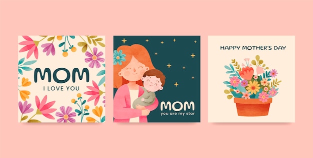 Watercolor mother's day greeting cards collection